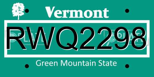 RWQ2298 Vermont License Plate
