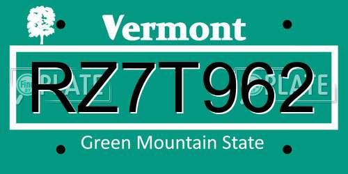RZ7T962 Vermont License Plate