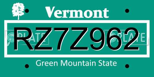 RZ7Z962 Vermont License Plate