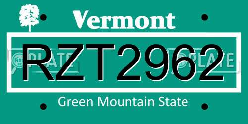 RZT2962 Vermont License Plate