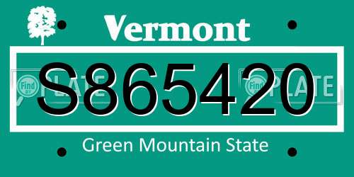 S865420 Vermont License Plate