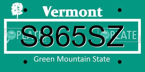 S865SZ Vermont License Plate