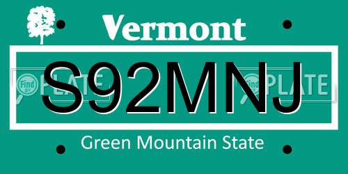 S92MNJ Vermont License Plate