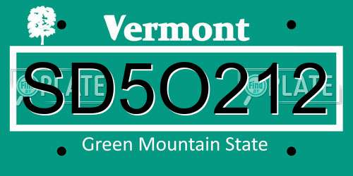SD5O212 Vermont License Plate