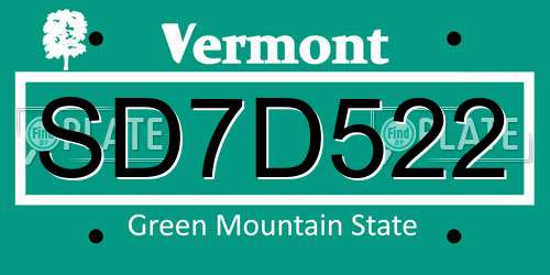 SD7D522 Vermont License Plate