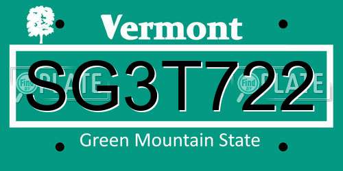 SG3T722 Vermont License Plate