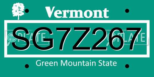 SG7Z267 Vermont License Plate