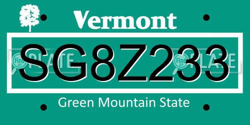SG8Z233 Vermont License Plate