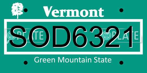SOD6321 Vermont License Plate