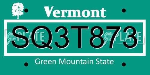 SQ3T873 Vermont License Plate