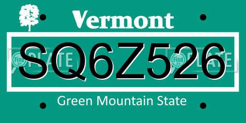 SQ6Z526 Vermont License Plate
