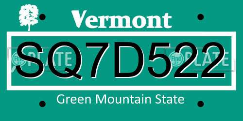 SQ7D522 Vermont License Plate