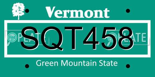 SQT458 Vermont License Plate