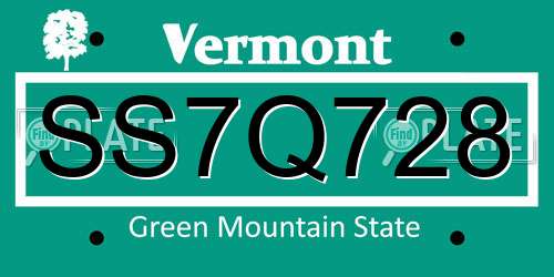 SS7Q728 Vermont License Plate