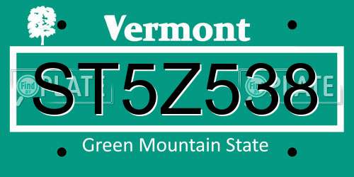ST5Z538 Vermont License Plate