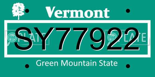 SY77922 Vermont License Plate
