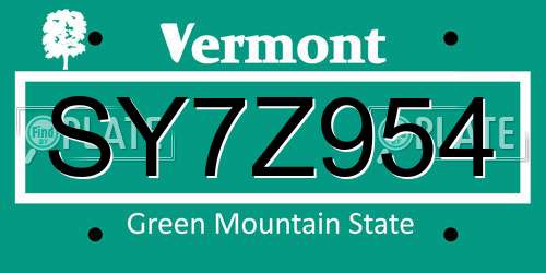 SY7Z954 Vermont License Plate
