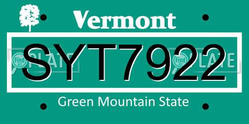 SYT7922 Vermont License Plate