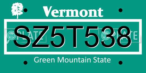 SZ5T538 Vermont License Plate