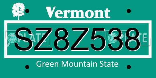 SZ8Z538 Vermont License Plate