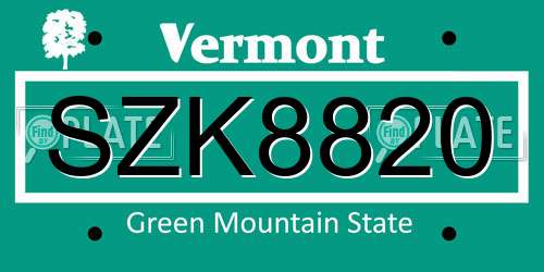 SZK8820 Vermont License Plate