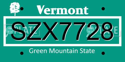 SZX7728 Vermont License Plate