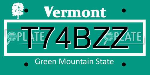 T74BZZ Vermont License Plate