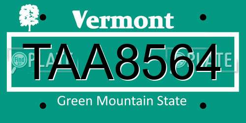 TAA8564 Vermont License Plate