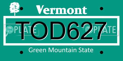 TOD627 Vermont License Plate