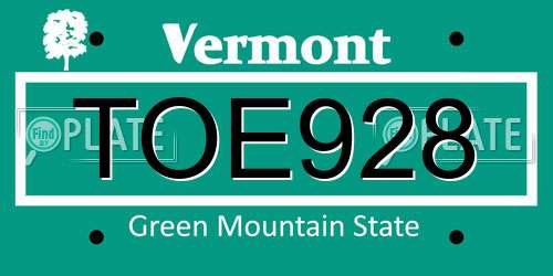 TOE928 Vermont License Plate