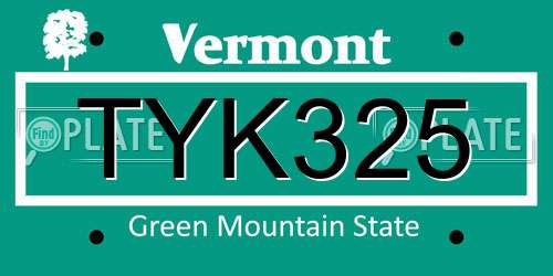 TYK325 Vermont License Plate