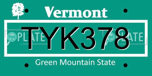 TYK378 Vermont License Plate