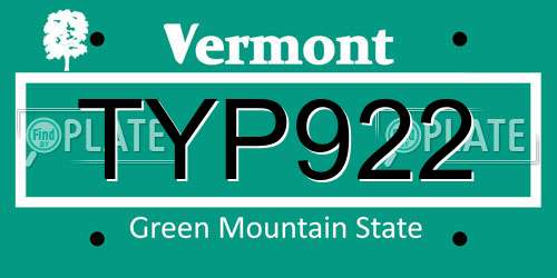 TYP922 Vermont License Plate