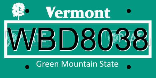 WBD8038 Vermont License Plate