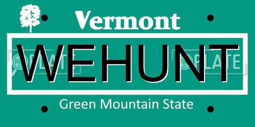 WEHUNT Vermont License Plate