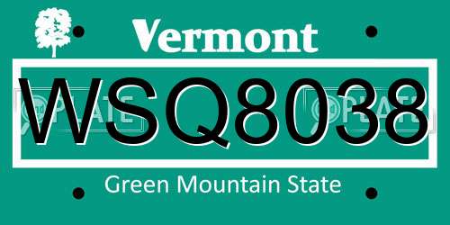 WSQ8038 Vermont License Plate
