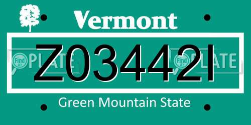 Z03442I Vermont License Plate