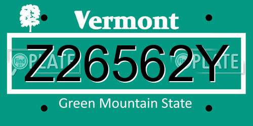 Z26562Y Vermont License Plate