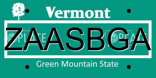 ZAASBGA Vermont License Plate