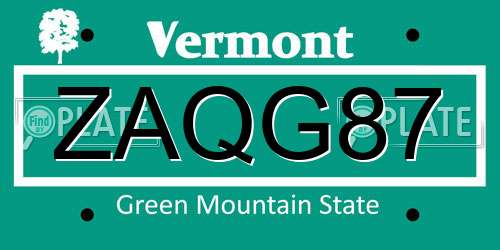 ZAQG87 Vermont License Plate