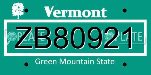 ZB80921 Vermont License Plate