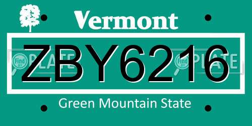 ZBY6216 Vermont License Plate