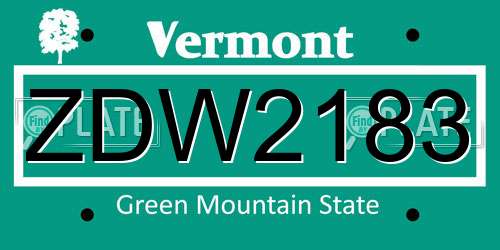 ZDW2183 Vermont License Plate