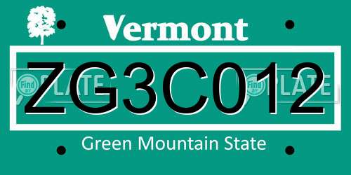 ZG3C012 Vermont License Plate
