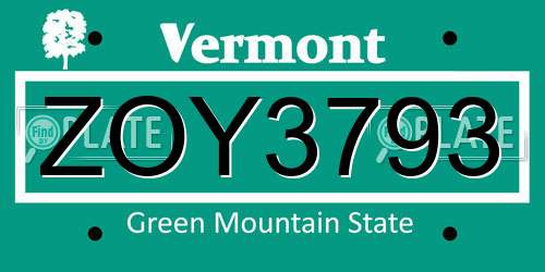 ZOY3793 Vermont License Plate