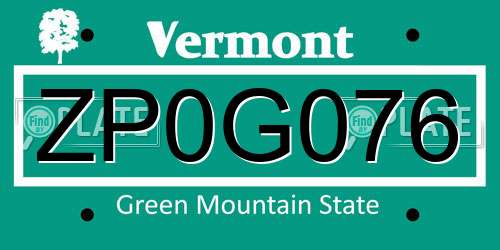 ZP0G076 Vermont License Plate