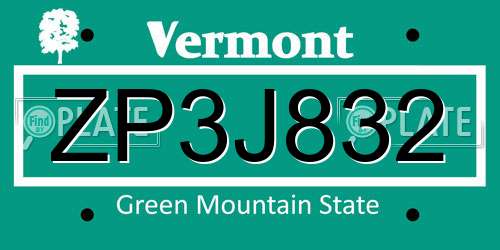 ZP3J832 Vermont License Plate