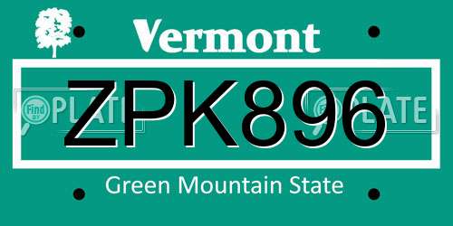 ZPK896 Vermont License Plate