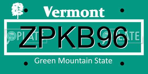 ZPKB96 Vermont License Plate