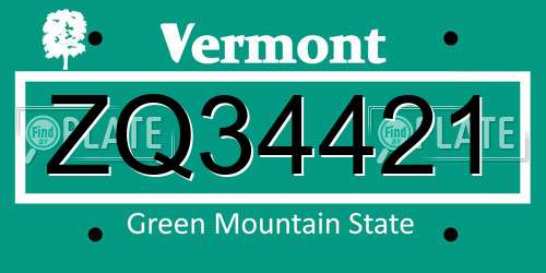 ZQ34421 Vermont License Plate